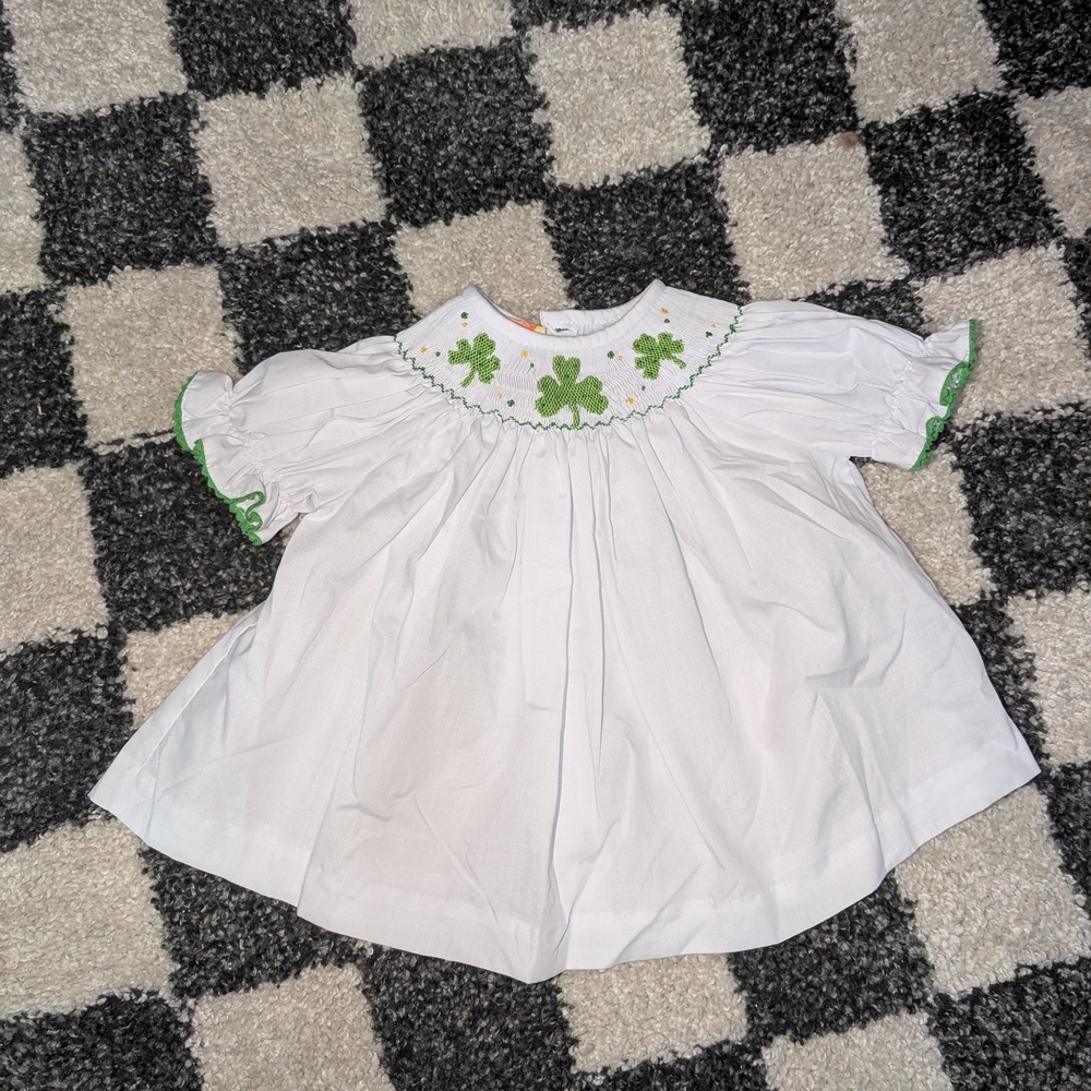 Kids White Dress with Green Clover Embroidery